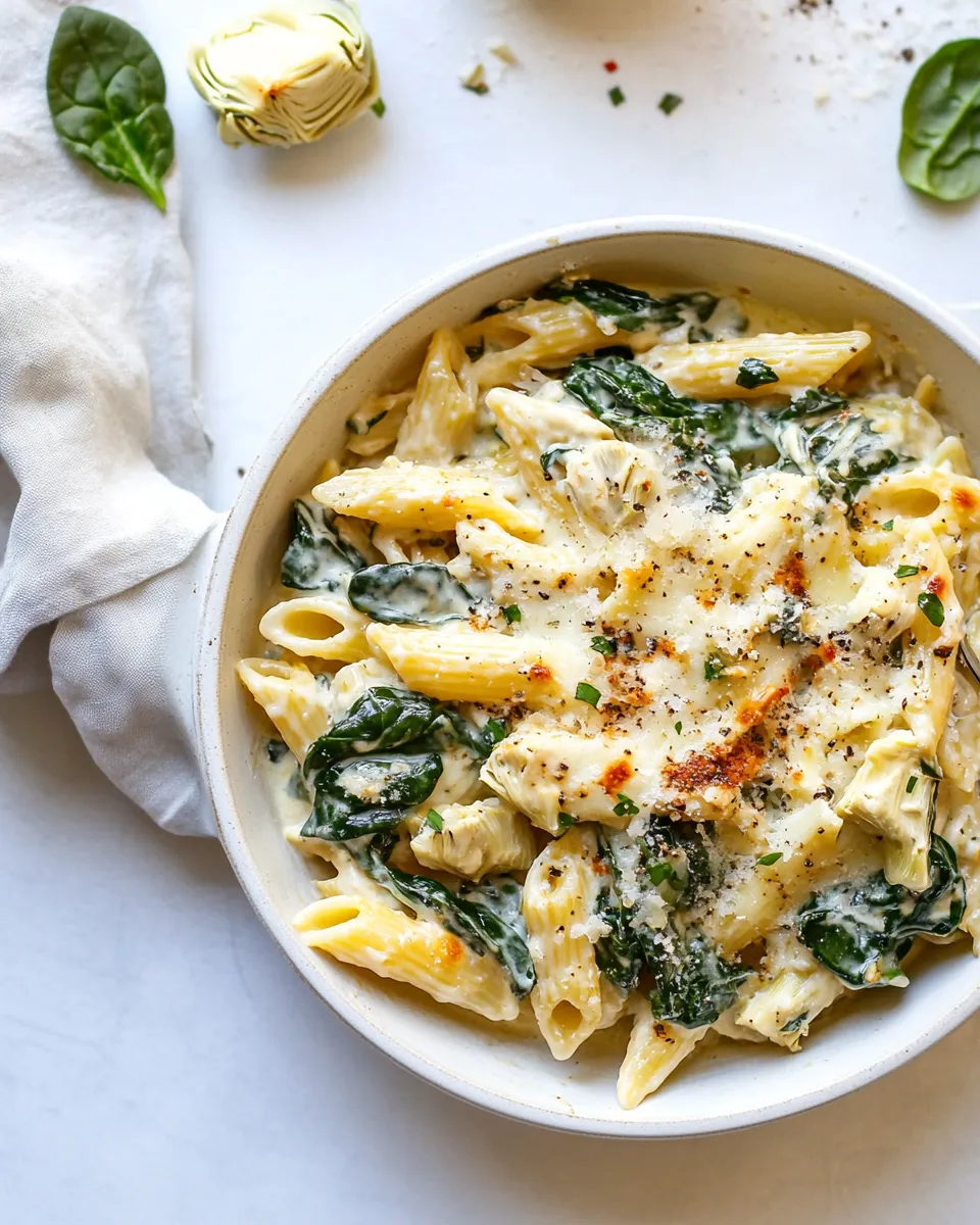 Classic Spinach Artichoke Pasta Skillet. food shot