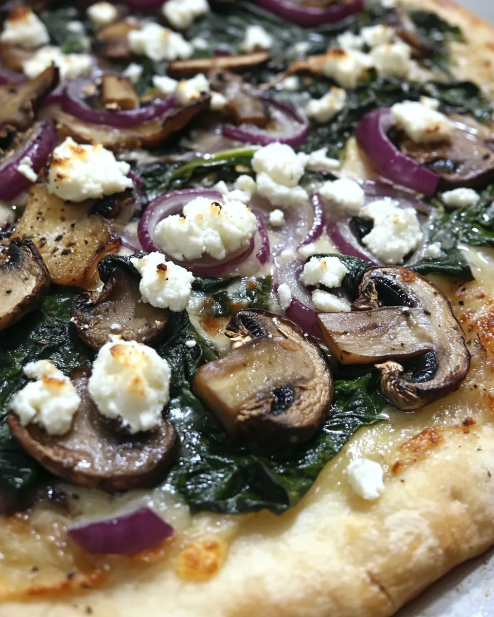 Homemade Spinach Mushroom Red Onion Goat Cheese Pizza photo