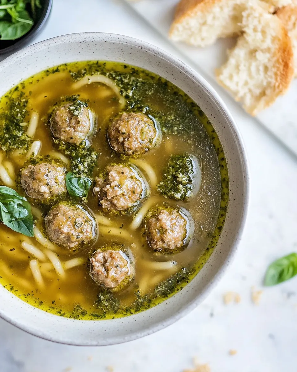 Easy Summer Pesto Mini Meatball Soup. food shot