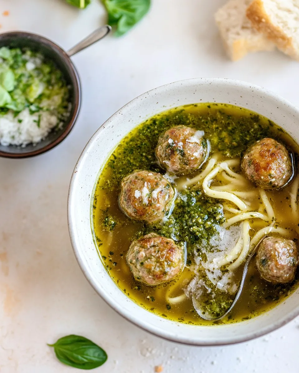 Ultimate Summer Pesto Mini Meatball Soup. dish image