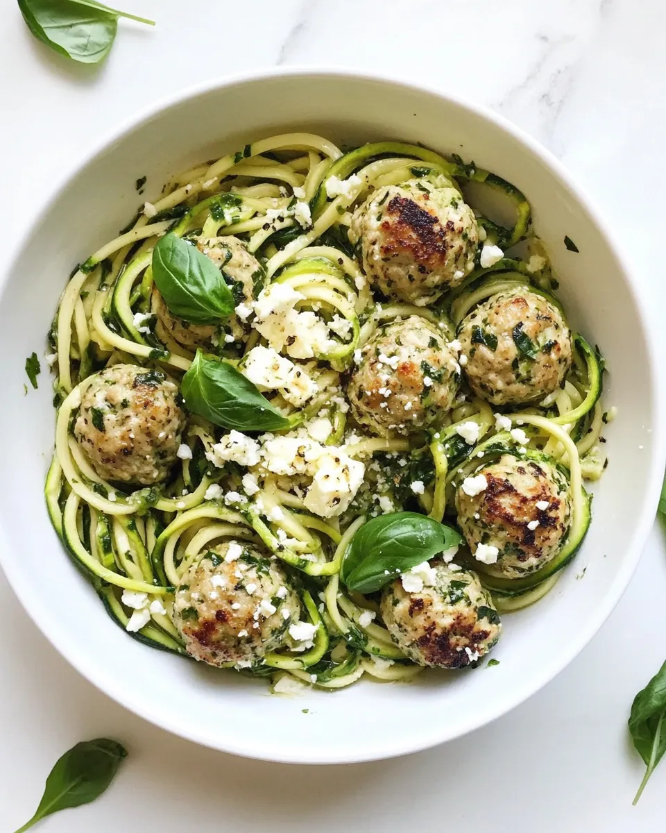 Easy Zucchini Noodles with Mini Chicken Feta and Spinach Meatballs. recipe photo