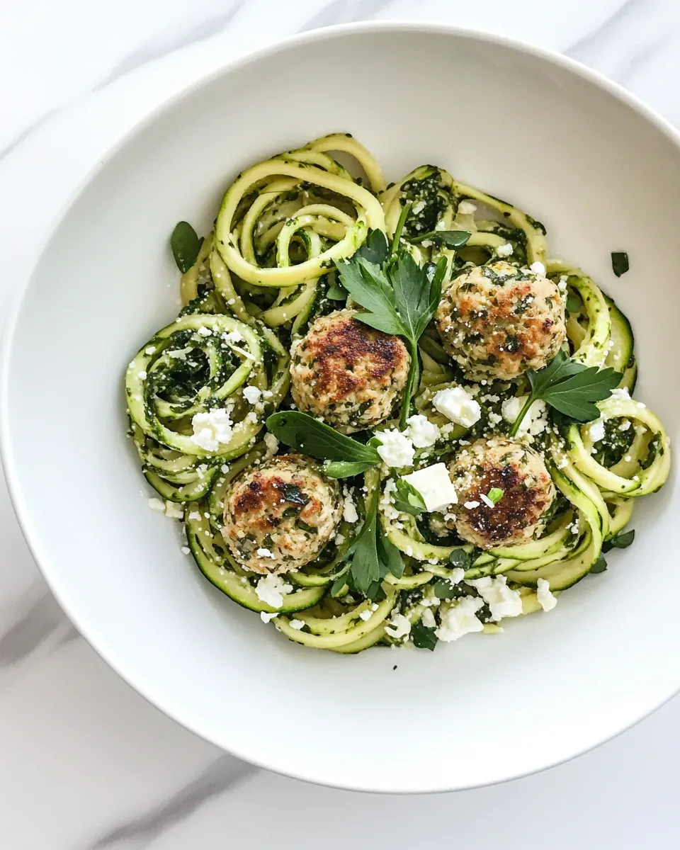 Healthy Zucchini Noodles with Mini Chicken Feta and Spinach Meatballs. food shot
